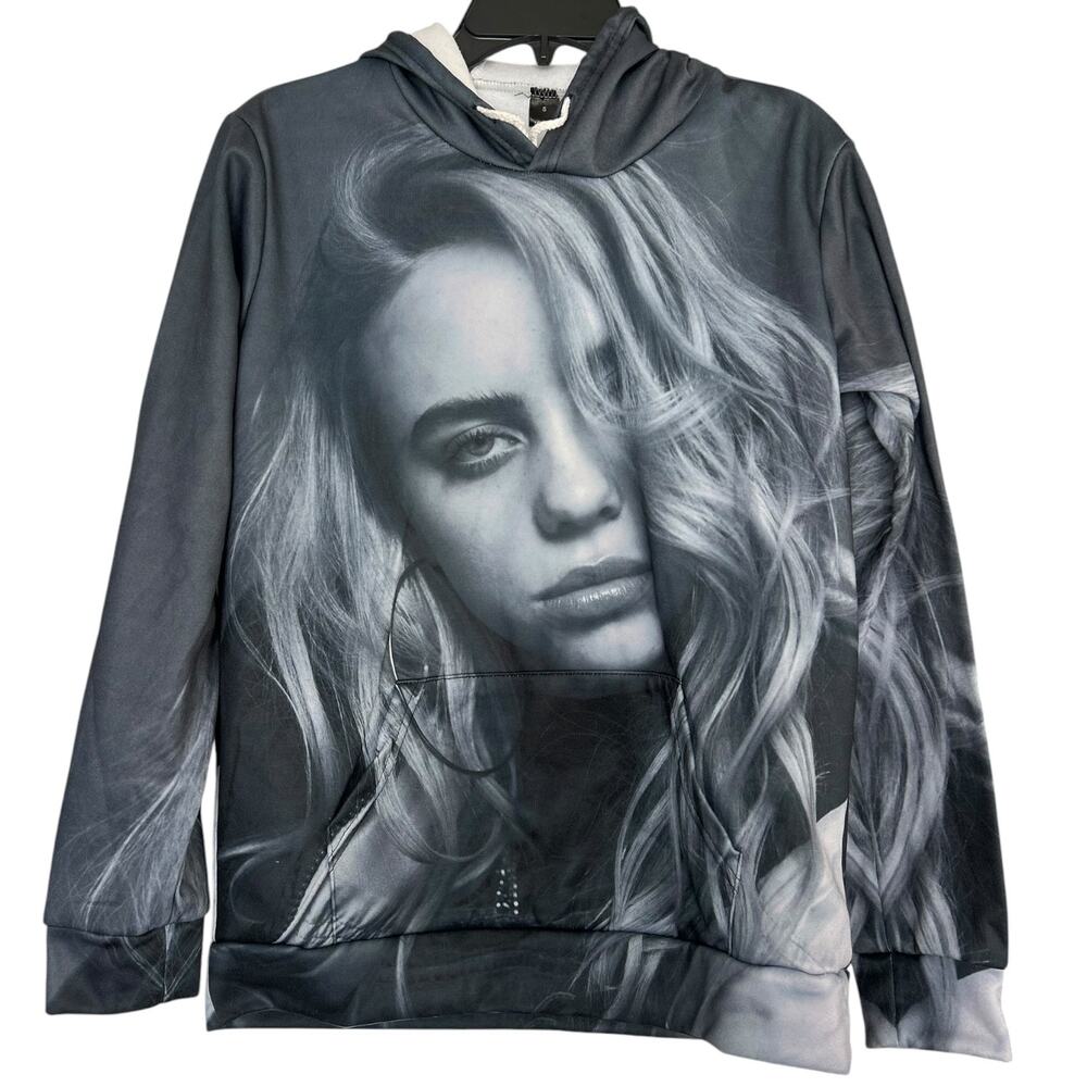 Billie Eilish Black & White All Over Print Portrait Hoodie Size Small